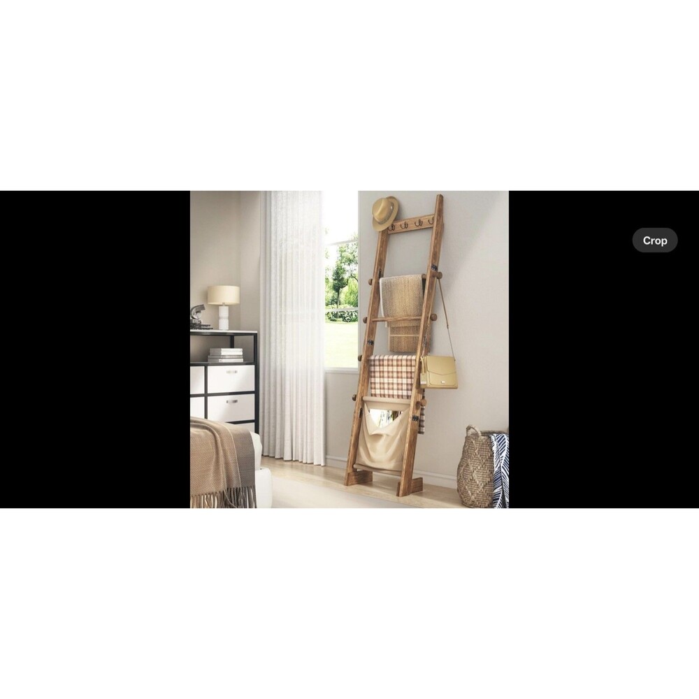 Wooden Ladder Blanket Rack w/ Storage Bag 4 Hooks 8 Side Pegs 63in Tall